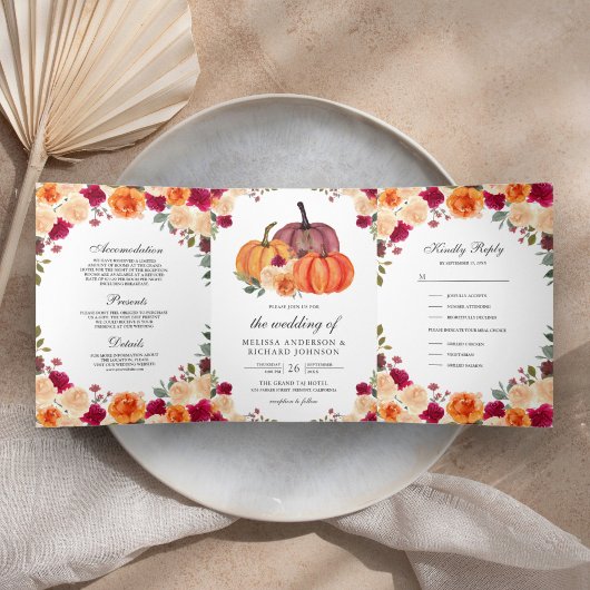 Brent Sinaasappel en Bourgogne Floral Pumpkin Wedd Drieluik Uitnodiging
