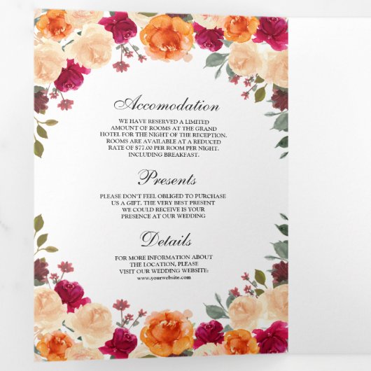 Brent Sinaasappel en Bourgogne Floral Pumpkin Wedd Drieluik Uitnodiging (Binnenzijde eerst)