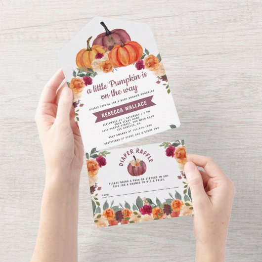 Brent Sinaasappel Floral Burgundy Pumpkin Baby sho All In One Uitnodiging (Afscheurbaar)