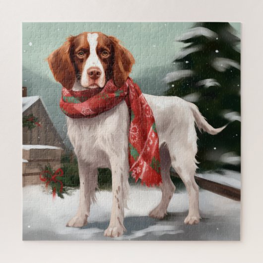 Bretagne Spaniel Hond in Sneeuw Kerstmis Legpuzzel (Verticaal)