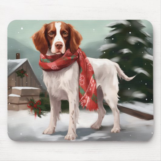 Bretagne Spaniel Hond in Sneeuw Kerstmis Muismat (Voorkant)