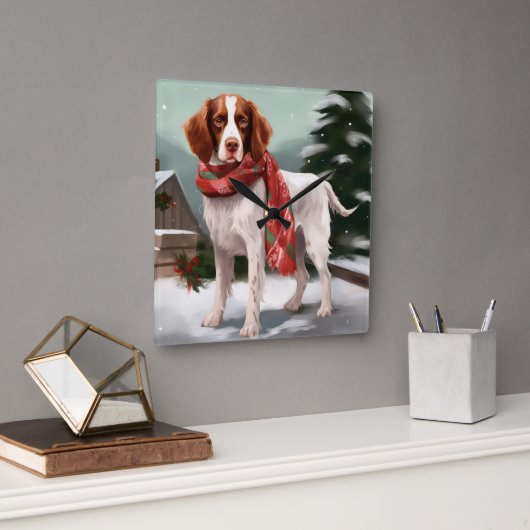Bretagne Spaniel Hond in Sneeuw Kerstmis Vierkante Klok (Kantoor)