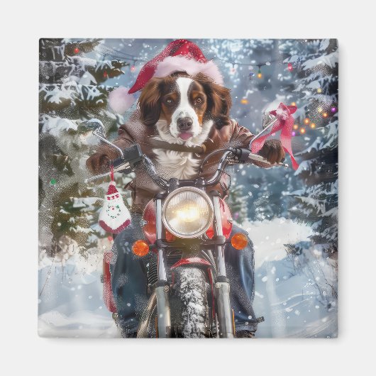 Bretagne Spaniel Hond Rijden Motorfiets Kerstmis Magneet (Voorkant)