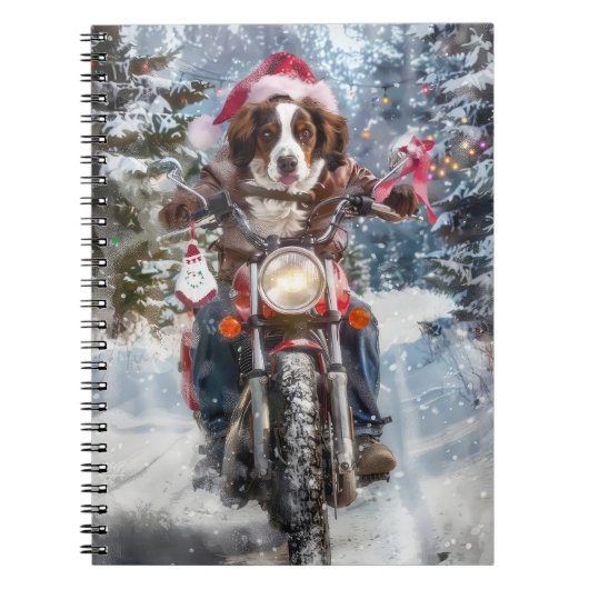Bretagne Spaniel Hond Rijden Motorfiets Kerstmis Notitieboek (Voorkant)