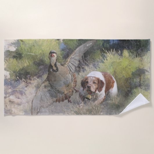 Bretagne Spaniel jacht chukar patrijs, Art Strandlaken (Voorkant)