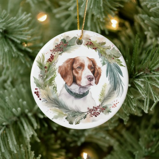 Bretagne Spaniel Kerstkrans Feestelijke Pup Keramisch Ornament (Boom)