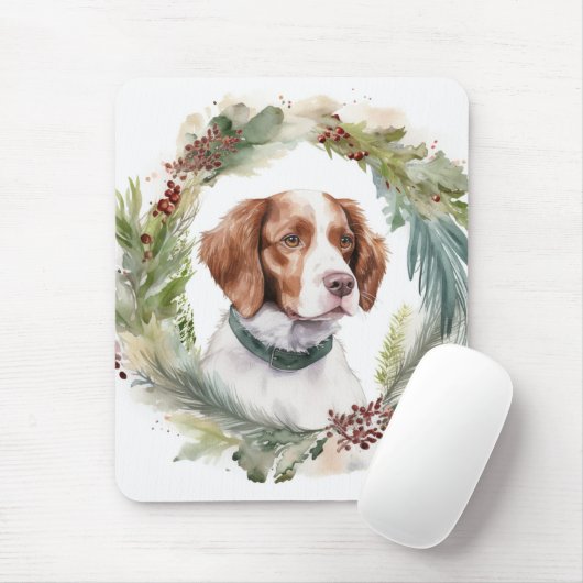 Bretagne Spaniel Kerstkrans Feestelijke Pup Muismat (Met muis)