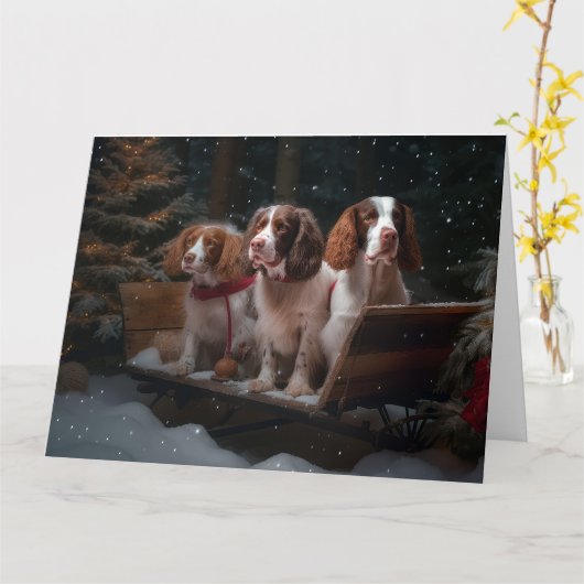 Bretagne Spaniel Sneeuwslee Kerstdecoratie Kaart (Gele Bloem)