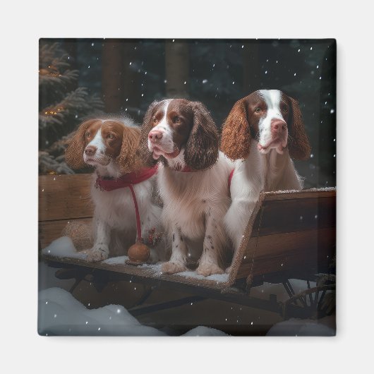 Bretagne Spaniel Sneeuwslee Kerstdecoratie Magneet (Voorkant)