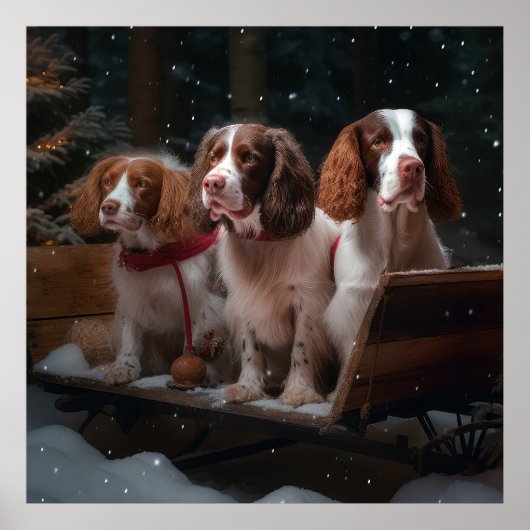 Bretagne Spaniel Sneeuwslee Kerstdecoratie Poster (Voorkant)