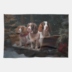 Bretagne Spaniel Sneeuwslee Kerstdecoratie Theedoek
