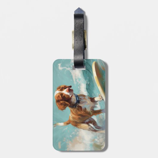 Bretagne Spaniel Strand Surfen Schilderij Bagagelabel (Achterkant verticaal)