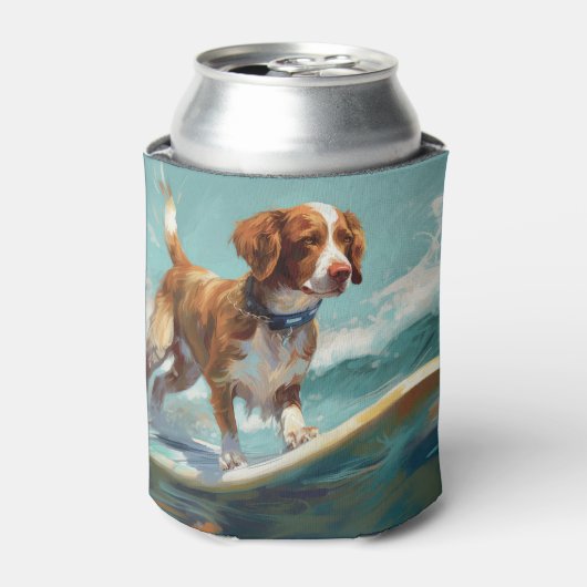 Bretagne Spaniel Strand Surfen Schilderij Blikjeskoeler (Blikje Voorkant)