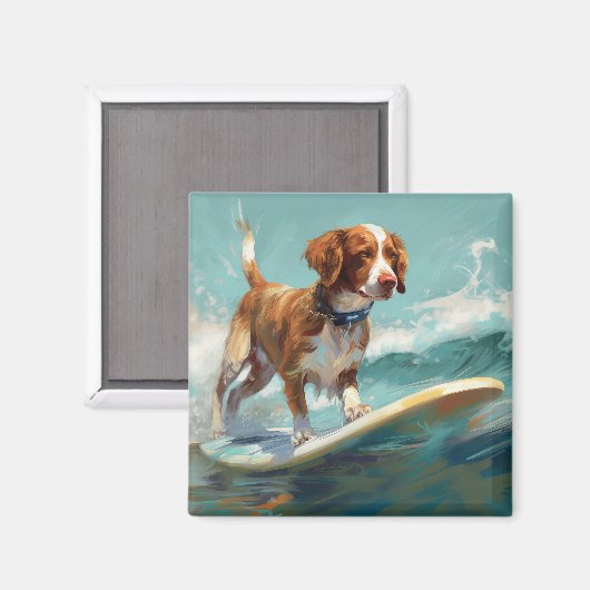 Bretagne Spaniel Strand Surfen Schilderij Magneet (Voorkant / Achterkant)
