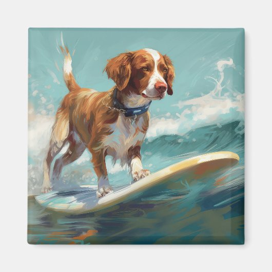 Bretagne Spaniel Strand Surfen Schilderij Magneet (Voorkant)