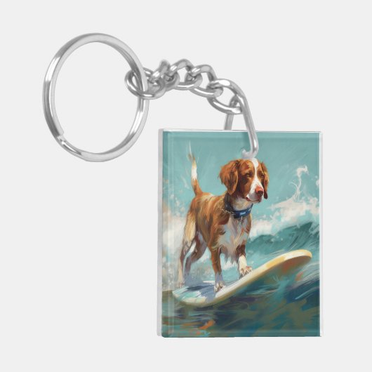 Bretagne Spaniel Strand Surfen Schilderij Sleutelhanger (Voorkant Links)