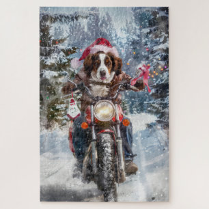 Breton Spaniel hond rijdt op motorfiets met Kerstm Legpuzzel