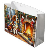Breton Spaniel Open Haard met Kerstverlichting Groot Cadeauzakje (Achterkant Gekanteld)