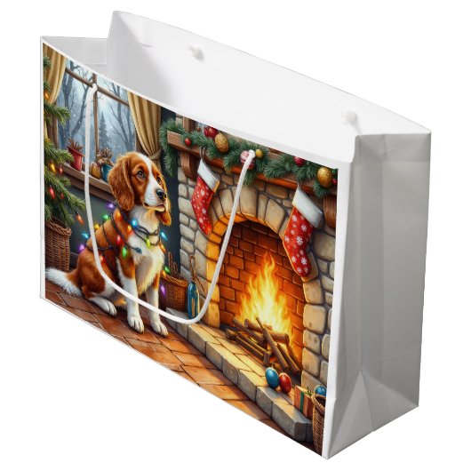 Breton Spaniel Open Haard met Kerstverlichting Groot Cadeauzakje (Voorkant Gekanteld)