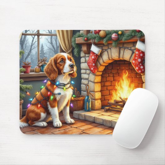 Breton Spaniel Open Haard met Kerstverlichting Muismat (Met muis)