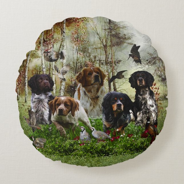  Breton Spaniels,   Vogeljacht  Rond Kussen (Voorkant)
