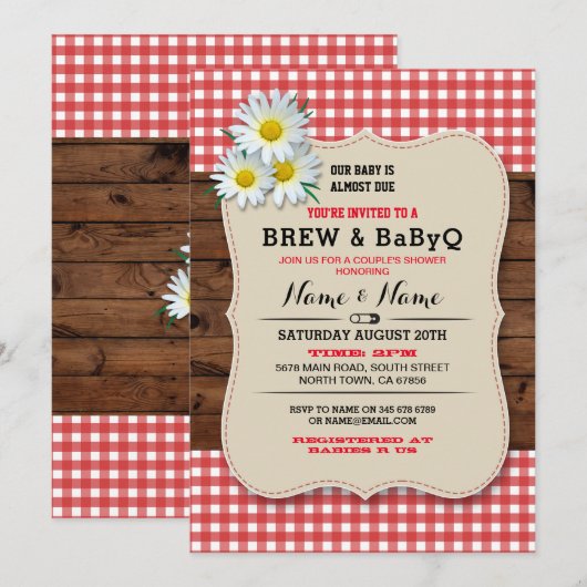 Brew en BABYQ Baby shower Red Wood Daisy Invite Kaart (Voorkant / Achterkant)