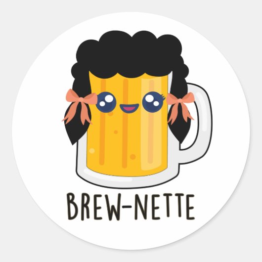 Brew-nette Funny Brunette Beer Pun Ronde Sticker (Voorkant)