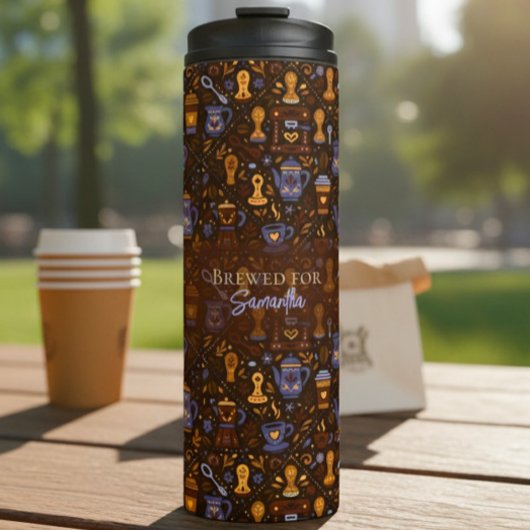 Brewed for [Name] — folk coffee (cocoa & slate) Thermosbeker