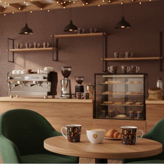 Brewed for [Name] — folk coffee pattern in cocoa Mok