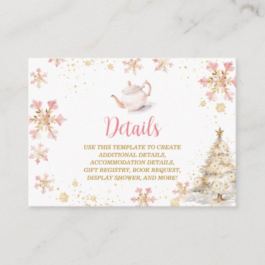 Brewing Pink Winter Tea Party Baby Shower Details Informatiekaartje (Voorkant)