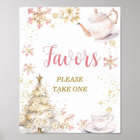 Brewing Pink Winter Tea Party Baby Shower Favors Poster (Voorkant)
