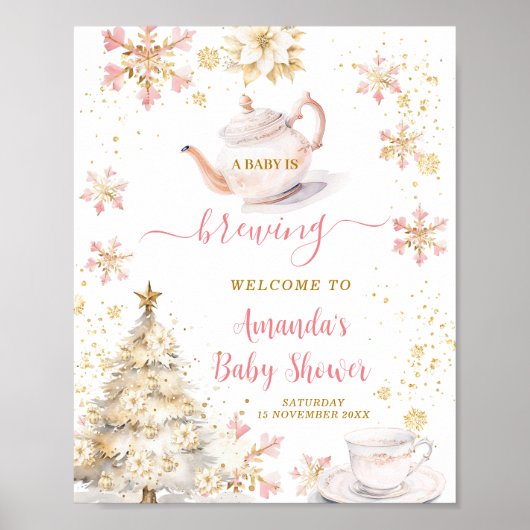 Brewing Pink Winter Tea Party Baby Shower Welcome Poster (Voorkant)