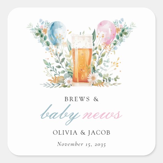 Brews & Baby Nieuws Gender Reveal Party Vierkante Sticker (Voorkant)