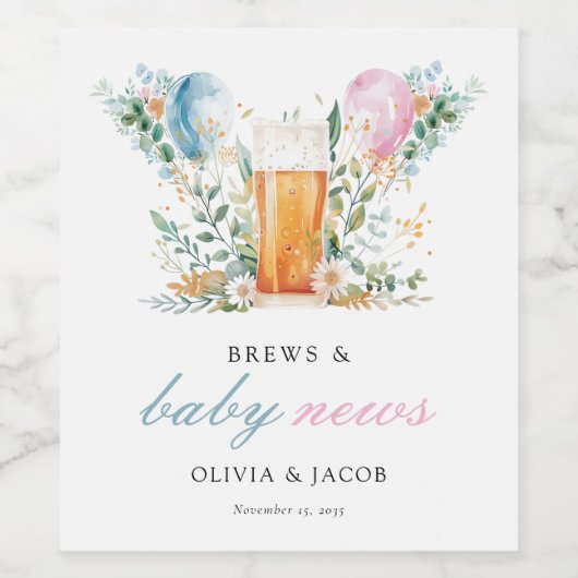 Brews & Baby Nieuws Gender Reveal Party Wijn Etiket (Enkel label)