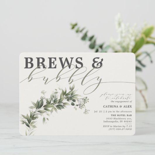 Brews Bubble Gray Faded Greenery Engagement Party Kaart (Staand voorkant)