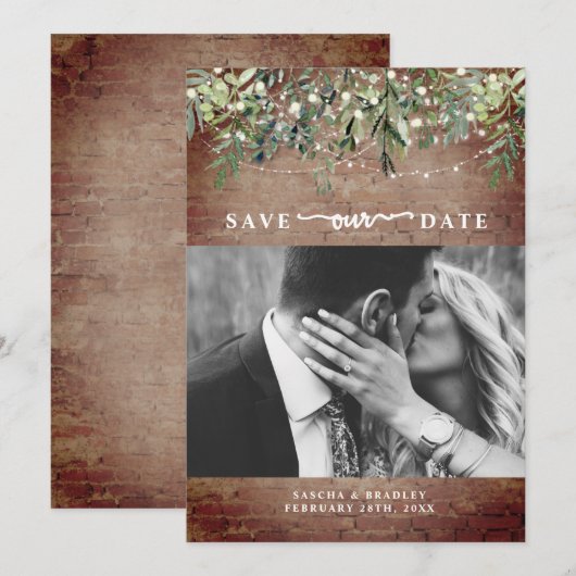 Brick Botanical String Lights Foto Weddenschap Save The Date (Voorkant / Achterkant)
