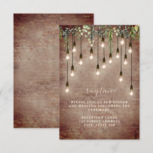 Brick Bulbs Greenery Wedding Reception Details Inv Kaart (Voorkant / Achterkant)