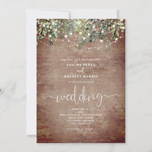 Brick Greenery String Lights Wedding Invitation Kaart (Voorkant)