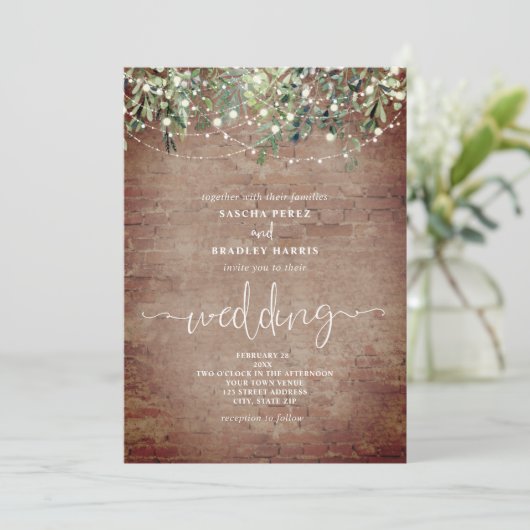 Brick Greenery String Lights Wedding Invitation Kaart (Staand voorkant)