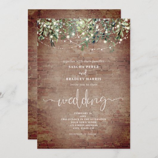 Brick Greenery String Lights Wedding Invitation Kaart (Voorkant / Achterkant)