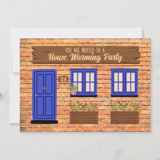 Brick House met Blauwe Deur Huis Warming Party Kaart (Voorkant)