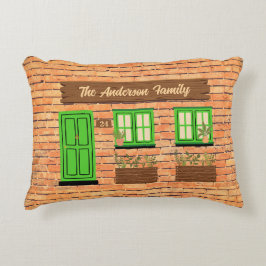 Brick House met groene deur aangepaste tekst Accent Kussen