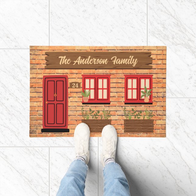 Brick House met rode deur aangepaste tekst Deurmat (Binnen)
