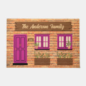 Brick House met roze deur aangepaste tekst Deurmat (Voorkant)