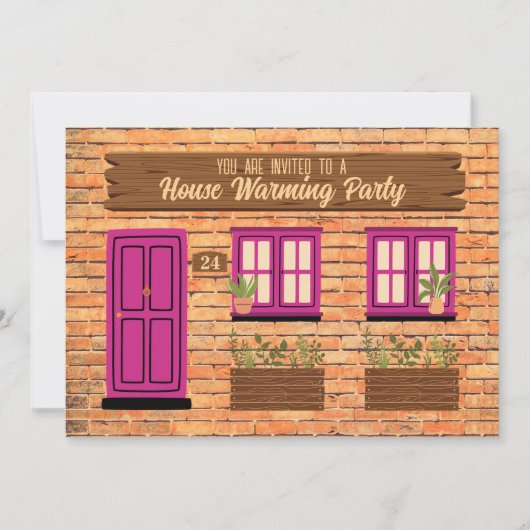 Brick House met Roze Deur Huis Warming Party Kaart (Voorkant)