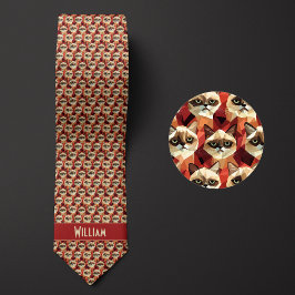 Brick Red Geometric Cat Pattern Stropdas