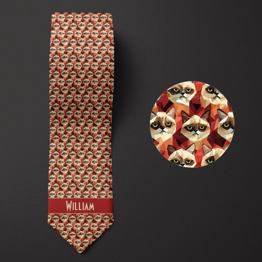 Brick Red Geometric Cat Pattern Stropdas