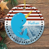 Brick Red-White Stripes・Narwhal・Custom Keramisch Ornament