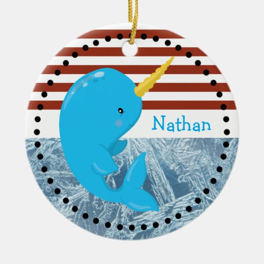 Brick Red-White Stripes・Narwhal・Custom Keramisch Ornament (Voorkant)