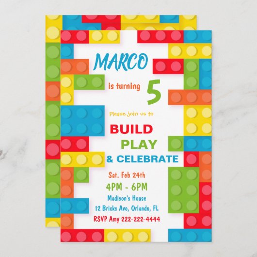 Brick-uitnodigingen bouwen, Boy Birthday nodigt ui Kaart (Voorkant / Achterkant)